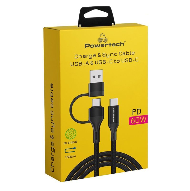 Powertech Charge & Sync Καλώδιο Φόρτισης & Μεταφοράς USB-A & USB-C σε USB-C 60W