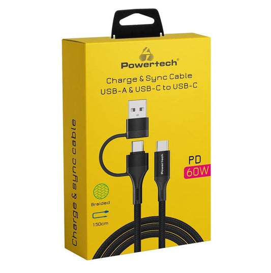 Powertech Charge & Sync Καλώδιο Φόρτισης & Μεταφοράς USB-A & USB-C σε USB-C 60W
